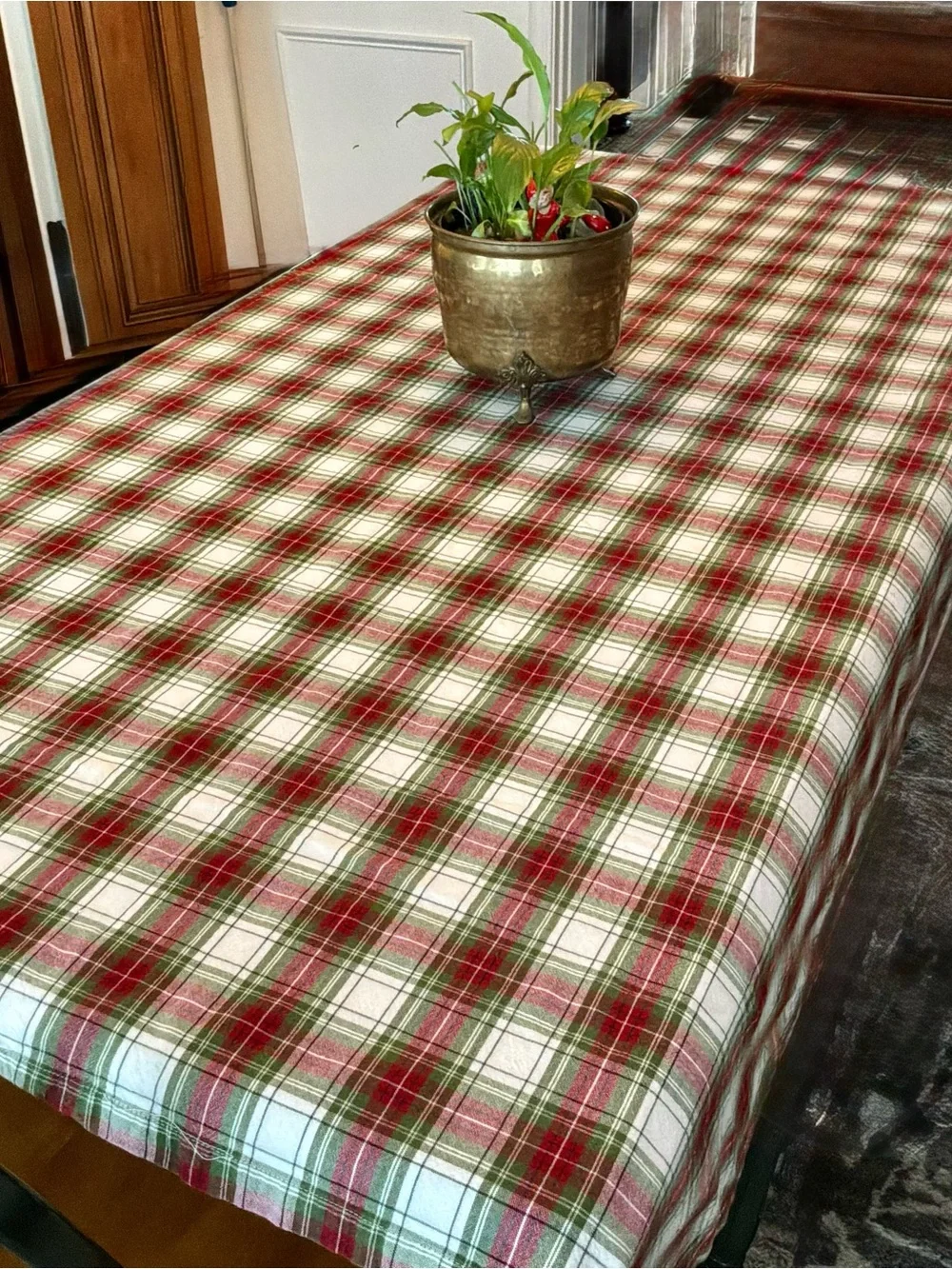 100% Cotton DII Brand Heritage Plaid Red Green & White Tablecloth  74”W X 54”L